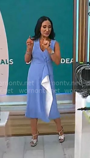 Elizabeth Werner’s blue and white midi dress on CBS Mornings