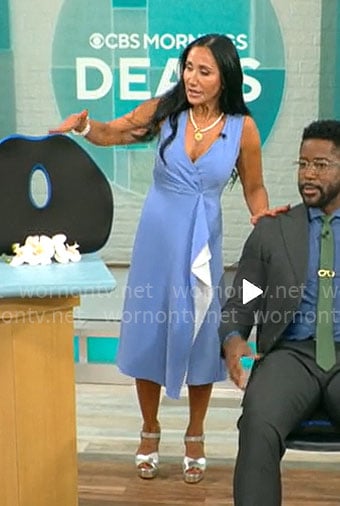 Elizabeth Werner’s blue and white midi dress on CBS Mornings