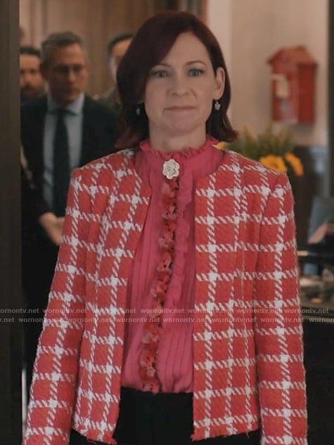 Elsbeth’s pink check jacket on Elsbeth