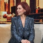 Carrie Preston's blue metallic double breasted blazer on Access Hollywood