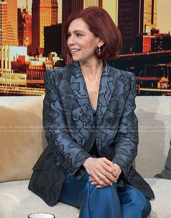 Carrie Preston's blue metallic double breasted blazer on Access Hollywood