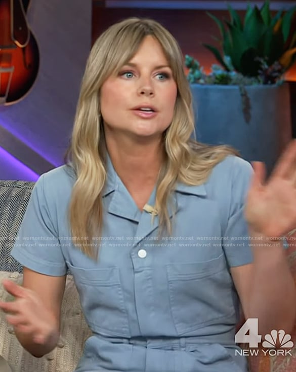Erin’s blue short sleeve jumpsuit on The Kelly Clarkson Show