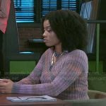 Eva’s purple cropped crossover sweater and printed pants on Beyond the Gates