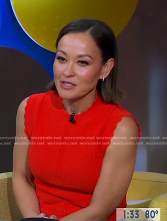 Eva’s red scalloped knit top on Good Morning America
