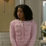 Eva’s pink textured jacket and skirt set on Beyond the Gates
