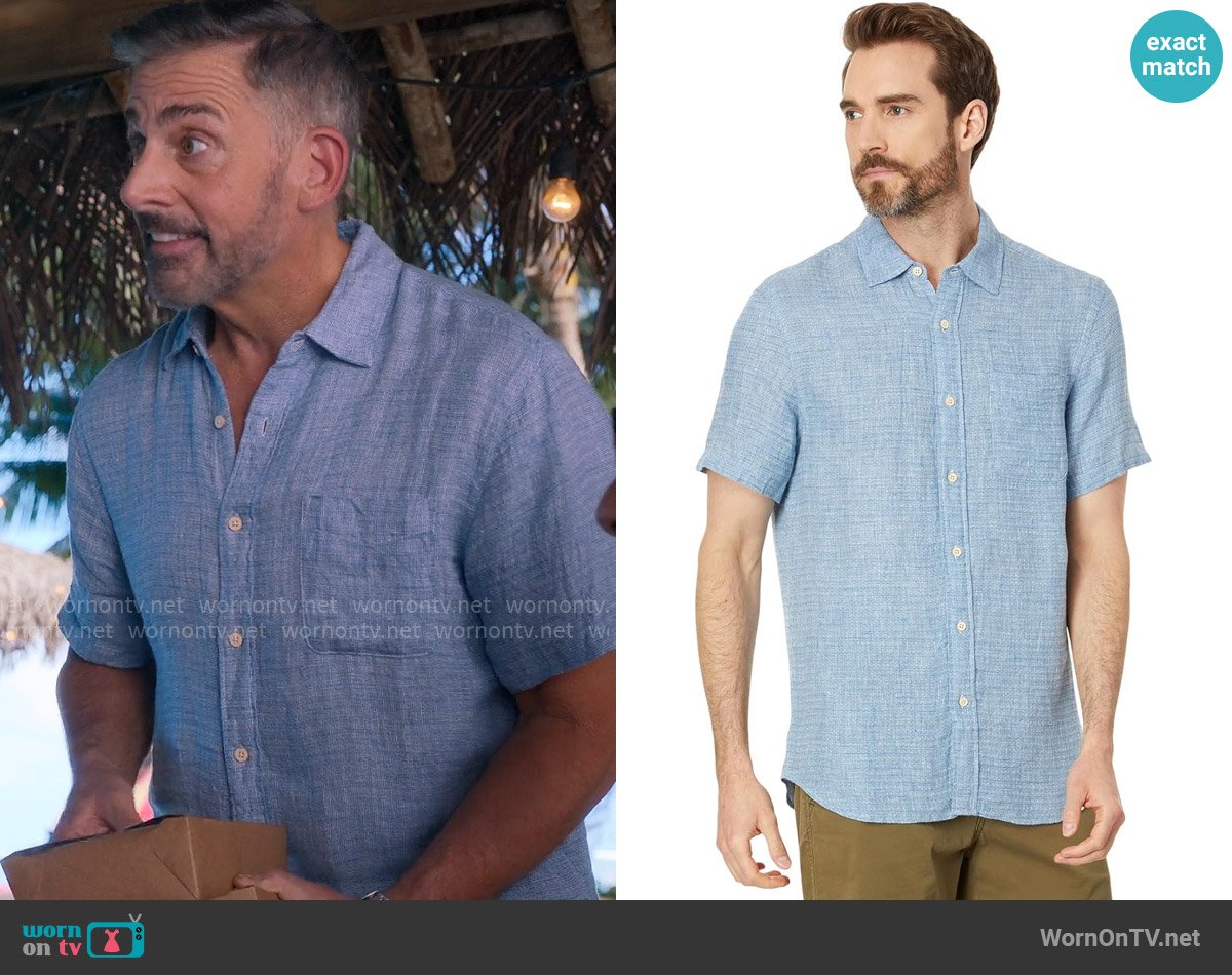 Faherty Palma Linen Shirt in Blue Basketweave worn by Nick (Steve Carell) on The Four Seasons