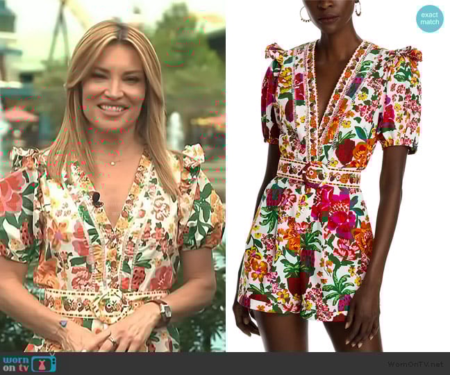 Farm Rio Cotton Flowerful Sketch Romper worn by Kit Hoover on Access Hollywood