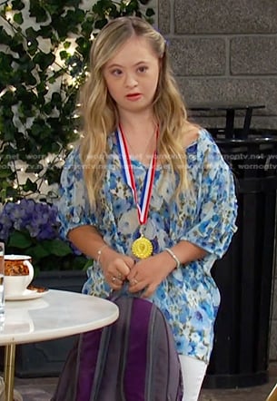 Felicity’s blue floral blouse on Days of our Lives