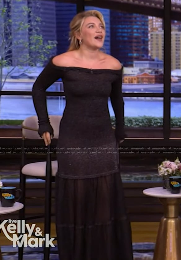 Florence Pugh’s black metallic off shoulder dress on Live with Kelly and Mark