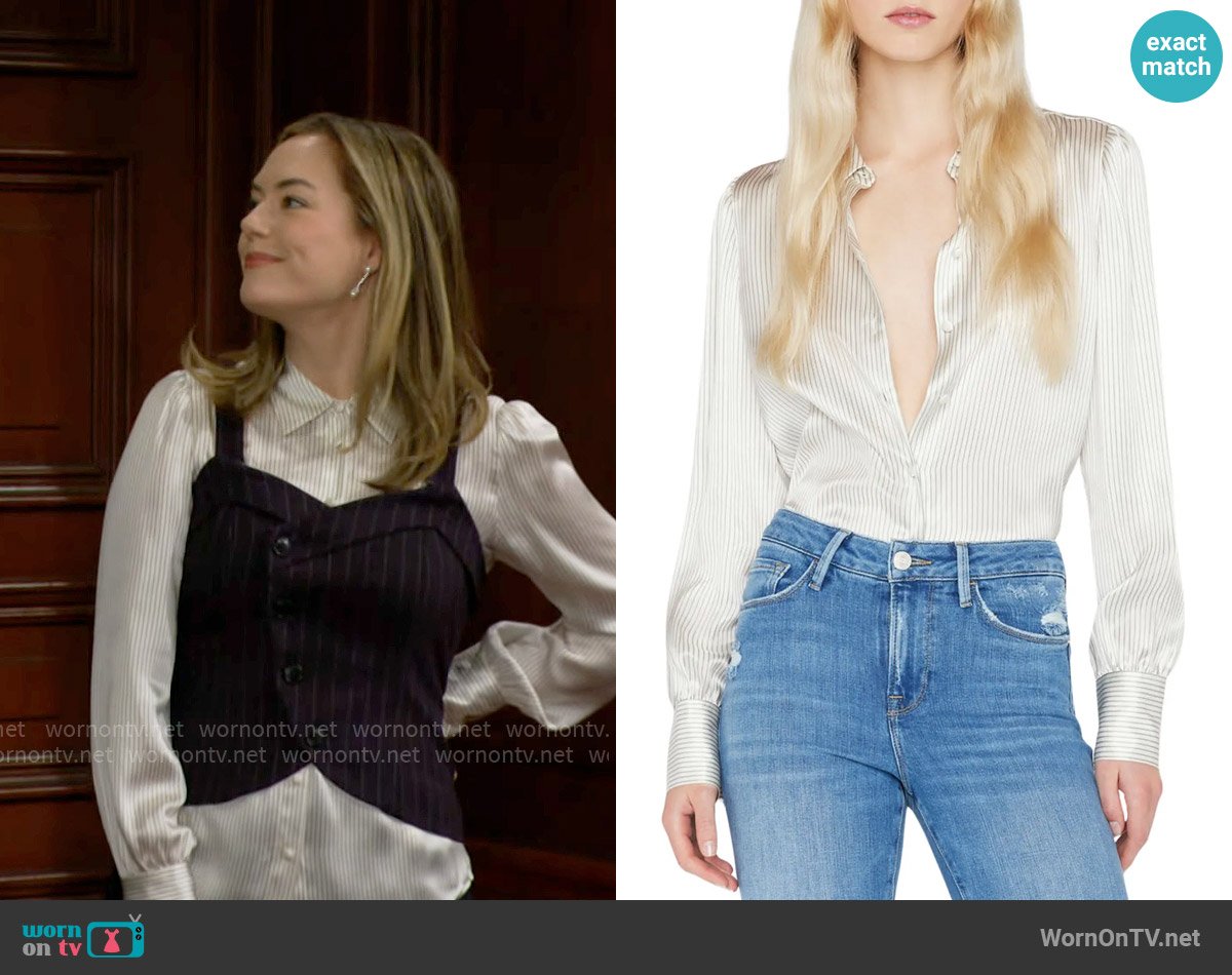 Frame Pinstripe Silk Blouse worn by Hope Logan (Annika Noelle) on The Bold and the Beautiful