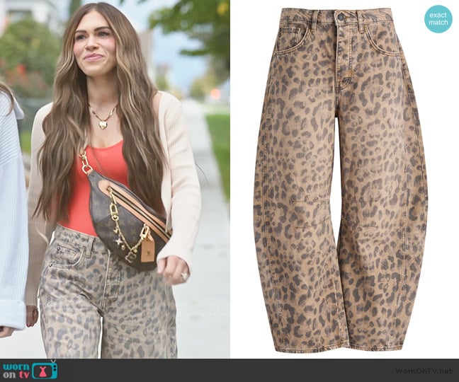 Free People Good Luck leopard-print barrel-leg jeans worn by Jessi Ngatikaura on The Secret Lives of Mormon Wives