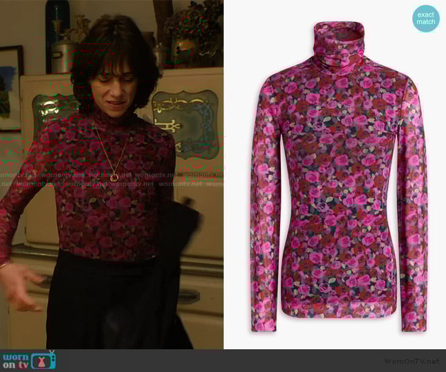 Ganni Floral-print stretch-mesh turtleneck top worn by Genevieve Lavigne (Charlotte Gainsbourg) on Etoile