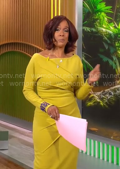Gayle King's chartreuse long sleeve dress on CBS Mornings