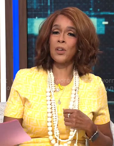 Gayle King's yellow monogram print dress on CBS Mornings