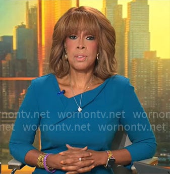 Gayle's teal blue asymmetric v-neck dress on CBS This Morning