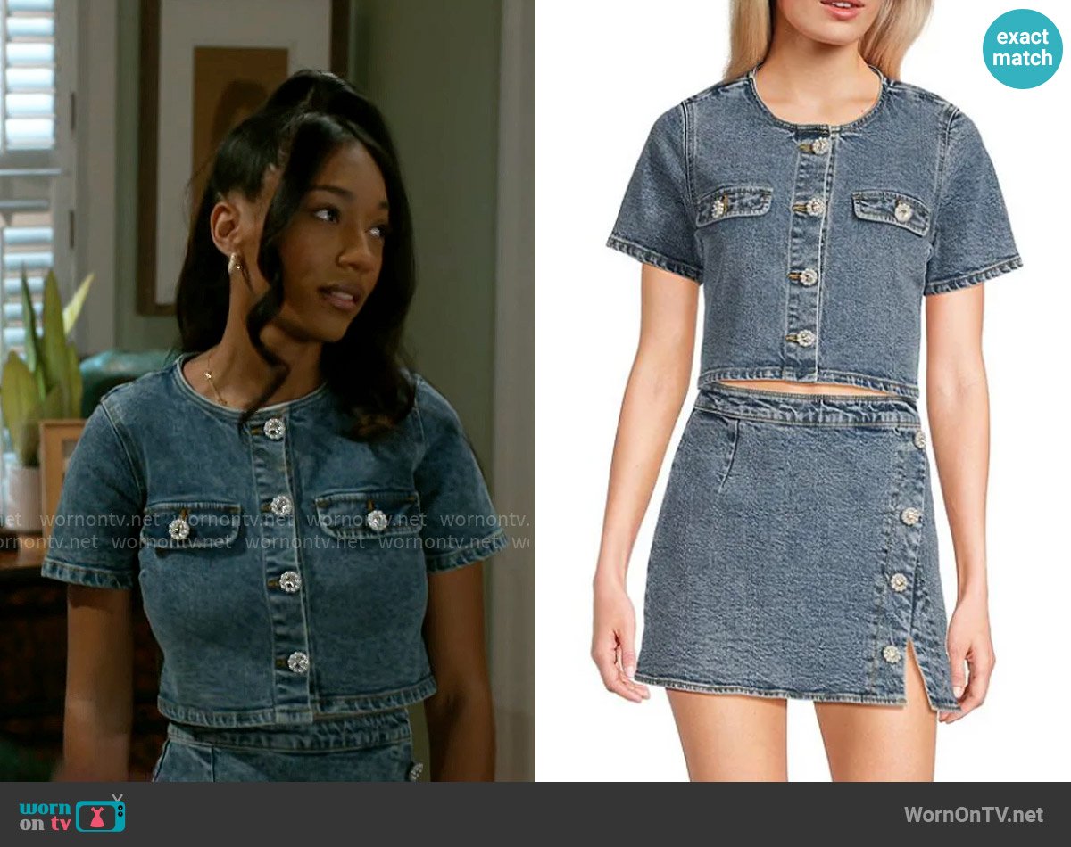 GB Woven Denim Coordinating Pearl Button Top in Dark Blue worn by Samantha Richardson (Najah Jackson) on Beyond the Gates