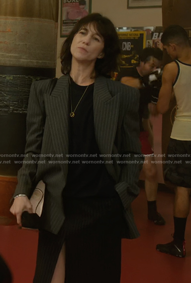 Genevieve’s black pinstripe double breasted blazer on Etoile