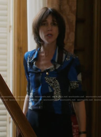 Genevieve’s blue abstract print blouse on Etoile