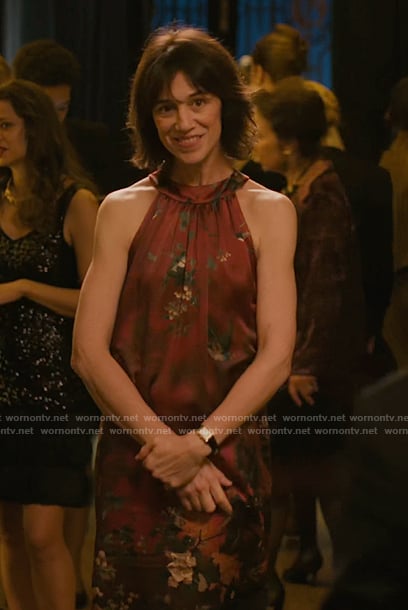 Genevieve's burgundy floral sleeveless dress on Etoile