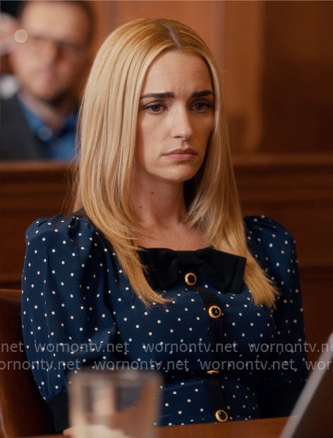 Georgia's navy blue polka dot dress on Ginny & Georgia