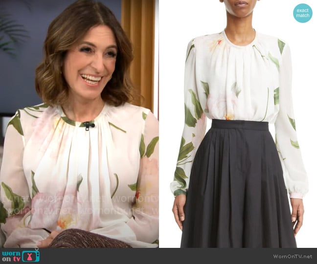Giambattista Valli Peony Print Gathered Silk Georgette Blouse worn by Suzy Welch on CBS Mornings