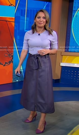 Ginger’s lilac ribbed top and leather skirt on Good Morning America