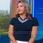 Ginger’s navy short sleeve sweater and white pleated mini skirt on Good Morning America