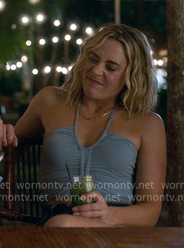 Ginny's blue ruched halter top on The Four Seasons