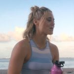 Ginny’s blue striped yoga outfit on The Four Seasons