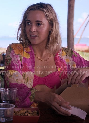 Ginny's pink bikini and floral kimono on The Four Seasons