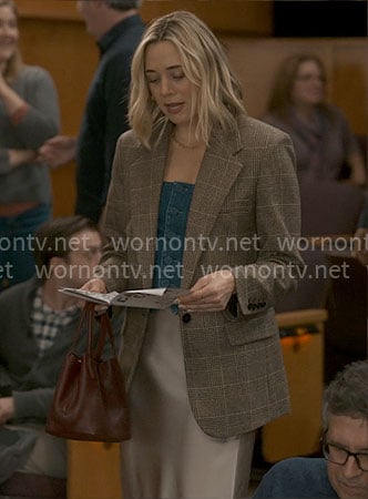 Ginny's plaid blazer and denim top on The Four Seasons