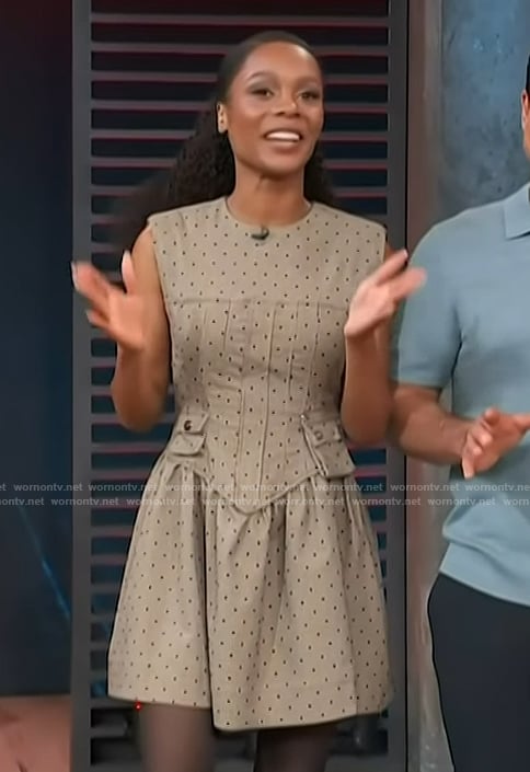 Zuri’s gray polka dot sleeveless mini dress on Access Hollywood