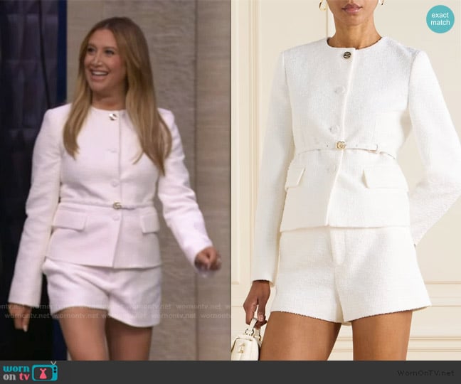 Gucci Belted cotton-blend bouclé jacket worn by Ashley Tisdale on Live with Kelly and Mark