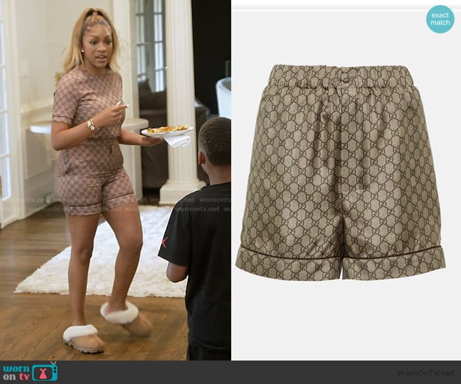 Gucci GG printed silk twill shorts worn by Drew Sidora on The Real Housewives of Atlanta