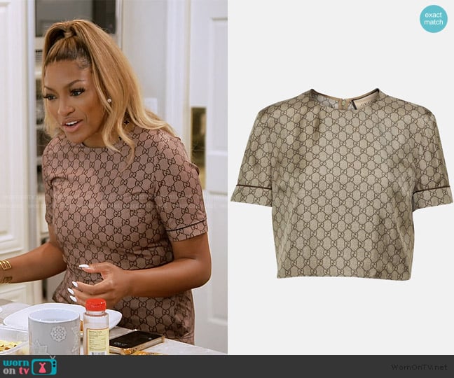 Gucci GG printed silk twill crop top worn by Drew Sidora on The Real Housewives of Atlanta