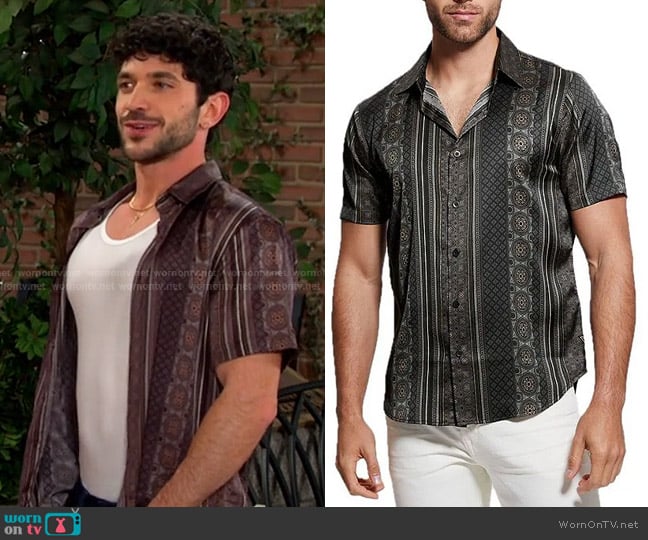 Guess Charm Mosaic Stripe Short Sleeve Woven Shirt worn by Javi Hernandez (Al Calderon) on Days of our Lives