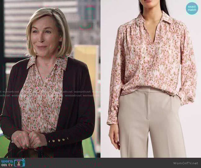 Halogen Johnny Collar Top in Iced Aqua Multi worn by Maureen Lincoln (Bess Armstrong) on Greys Anatomy