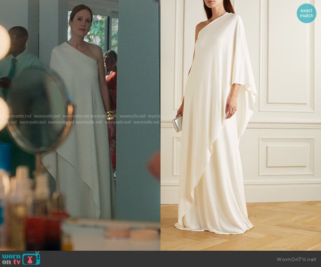 Halston Sylvie One-shoulder Cape-effect Jersey Gown worn by Michaela Kell (Julianne Moore) on Sirens