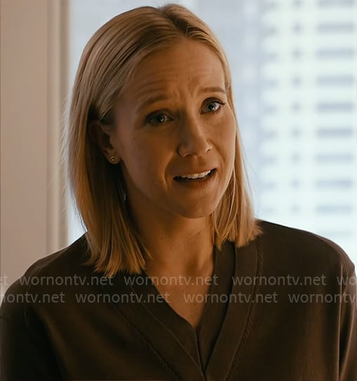 Hannah’s brown v-neck sweater on Chicago Med