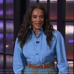 Hannah John-Kamen’s blue check mini skirt on The Kelly Clarkson Show