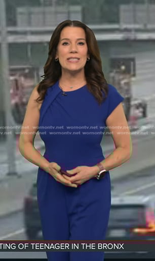 Heather’s blue twisted asymmetric jumpsuit on Good Morning America