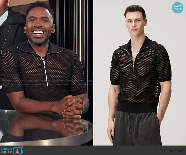 Helmut Lang Black Mesh Textured Polo T-Shirt worn by Justin Sylvester on E! News
