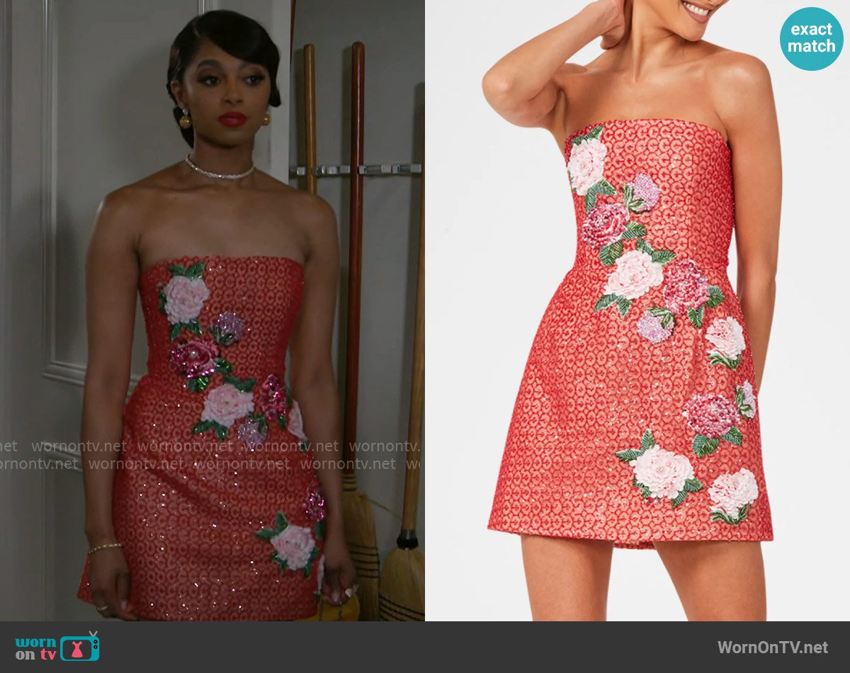 Helsi Strapless Beaded Mini Dress with Floral Applique worn by Kat Richardson (Colby Muhammad) on Beyond the Gates