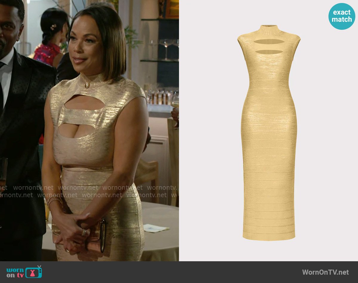 Herve Leger Foil Cap Sleeve Cut-Out Gown worn by Nicole Dupree Richardson (Daphnee Duplaix) on Beyond the Gates