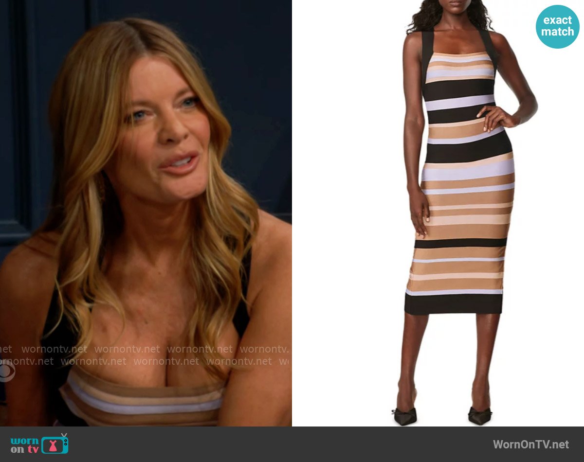 Herve Leger x Law Roach Striped Bandage Midi Dress worn by Phyllis Summers (Michelle Stafford) on The Young and the Restless