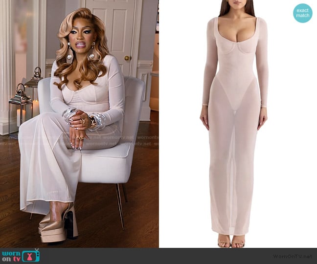 House of CB Everly Long Sleeve Sheer Mesh Cocktail Maxi Dress worn by Drew Sidora on The Real Housewives of Atlanta