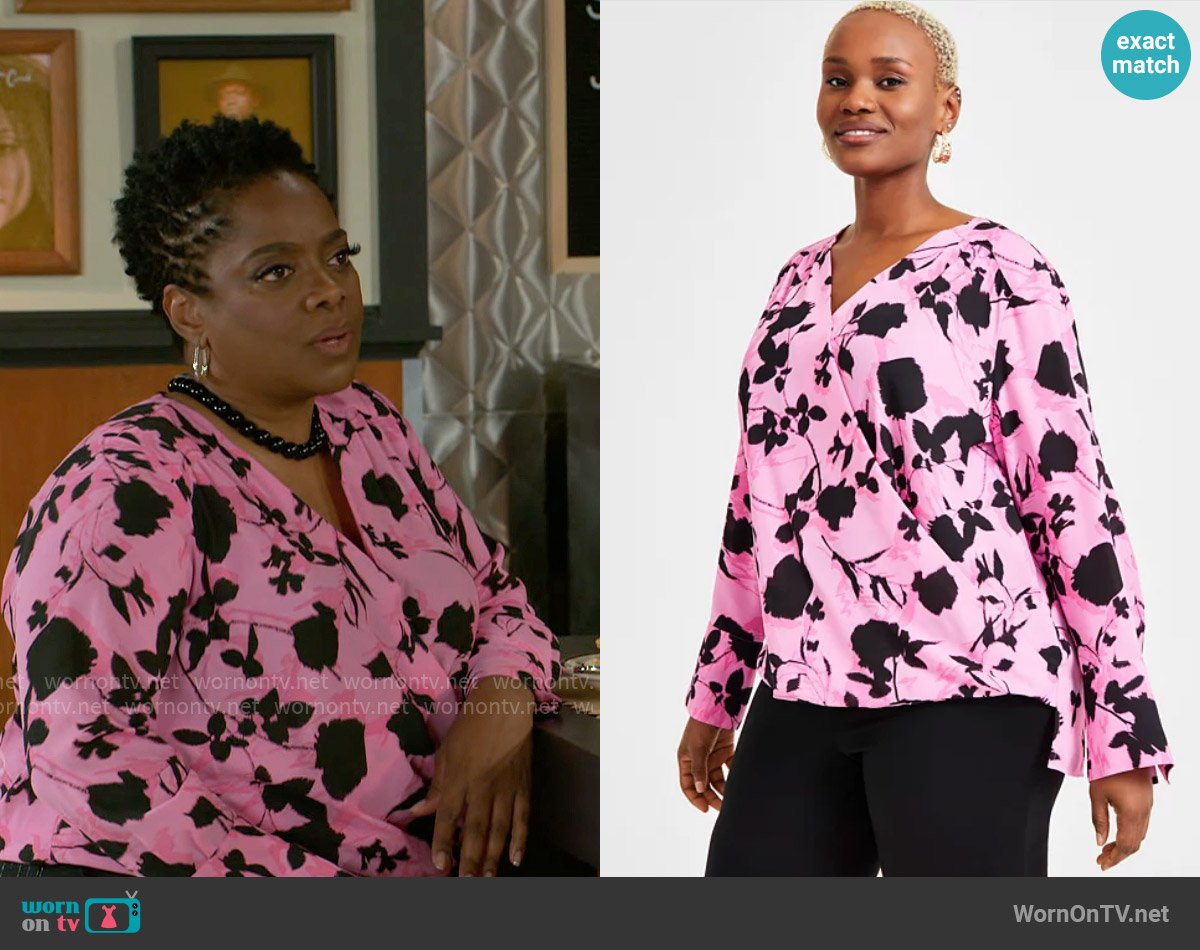 INC International Concepts Floral Surplice Blouse worn by Mona Wilson (Karan Kendrick) on Beyond the Gates