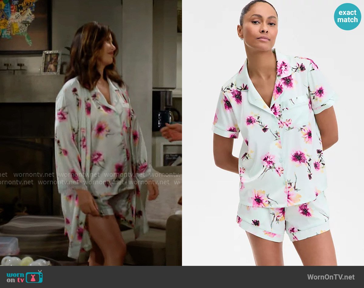 INC International Concepts Stretch Satin Short-Sleeve Pajama Set in Ava Blooms worn by Steffy Forrester (Jacqueline MacInnes Wood) on The Bold and the Beautiful