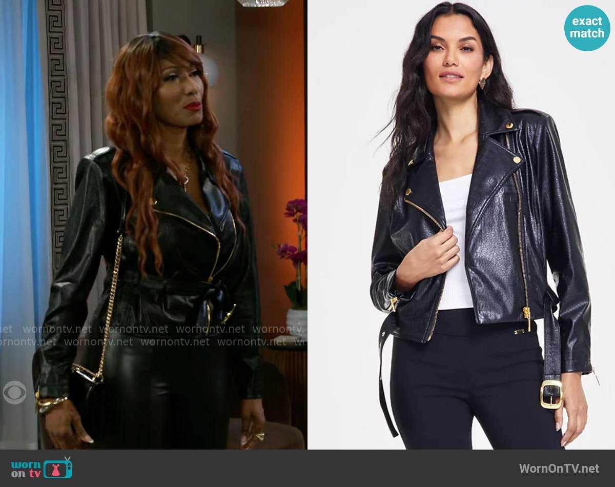 INC International Concepts Faux-Leather Moto Jacket worn by Dana 'Leslie' Thomas (Trisha Mann-Grant) on Beyond the Gates
