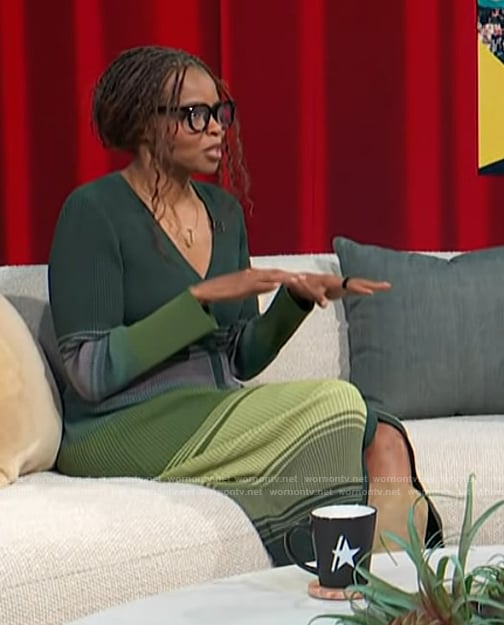 Jacqueline Coley’s green ribbed striped dress on Access Hollywood